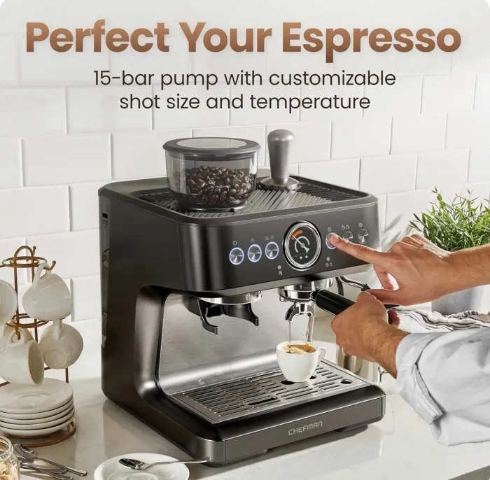 Chefman Crema Deluxe Espresso Machine with Double Boiler, Milk Frother And Brew