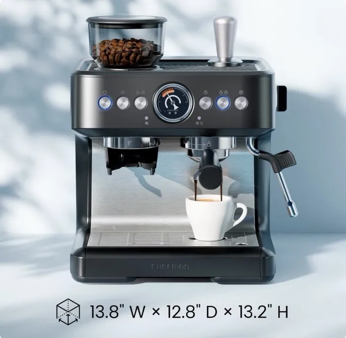 Chefman Crema Deluxe Espresso Machine with Double Boiler, Milk Frother And Brew